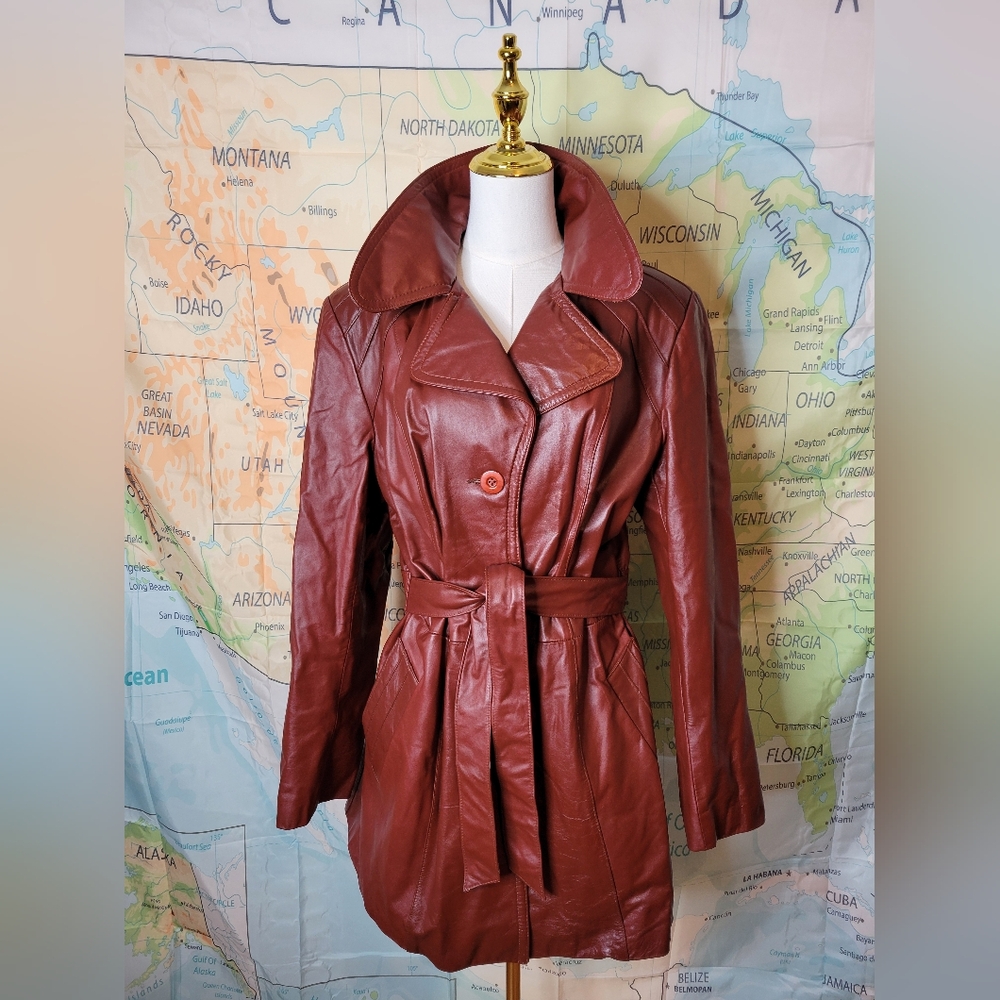 Retro Vintage Women's Red Leather Trench Coat with Belt
